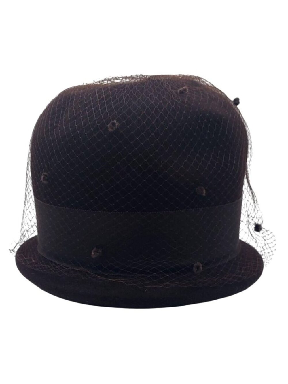 Henry Pollak Ritz Cloche Hat Brown Wool Netting Grosgrain Ribbon Bow Vintage MCM - Picture 2 of 13